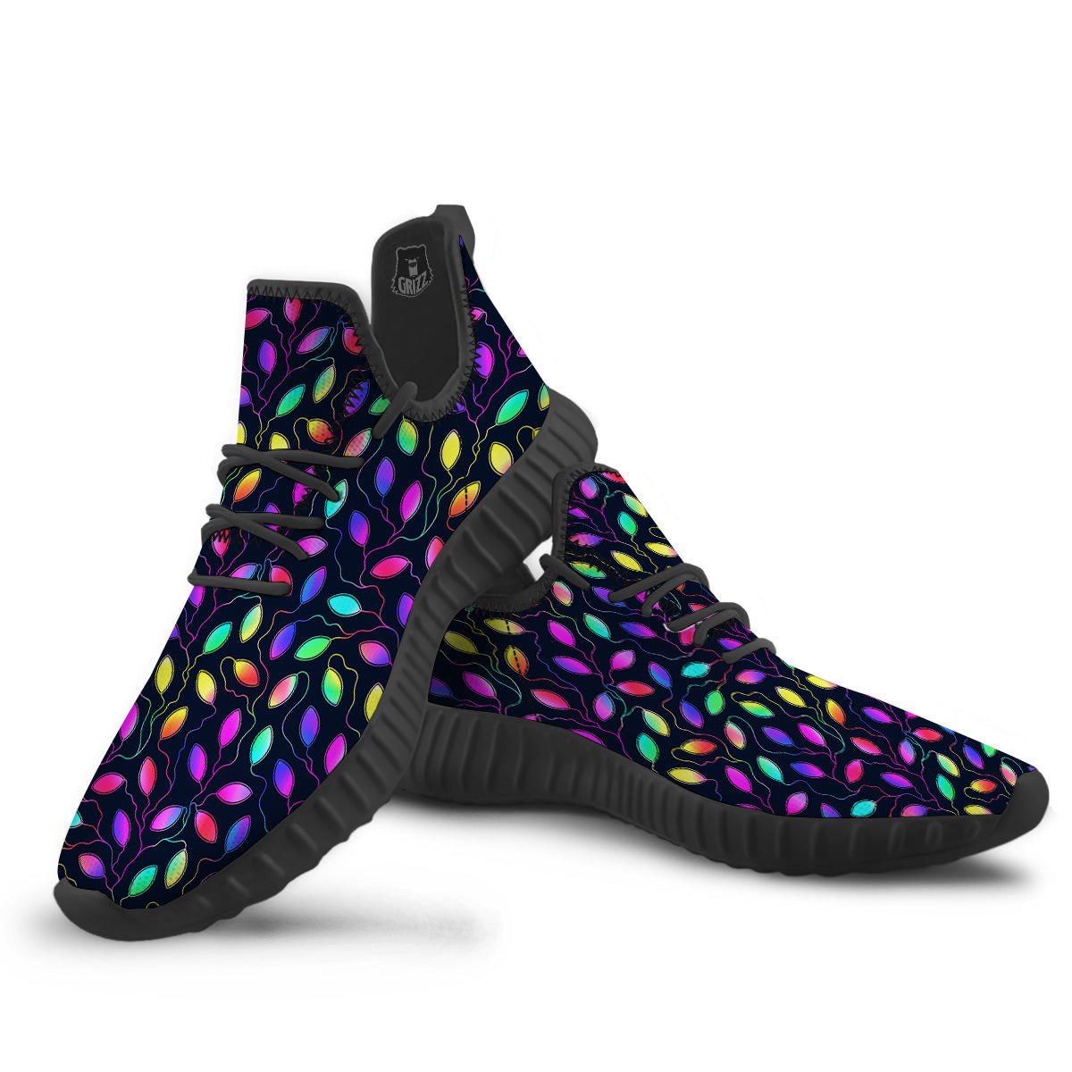 Neon Leaf Print Pattern Black Walking Shoes-grizzshop