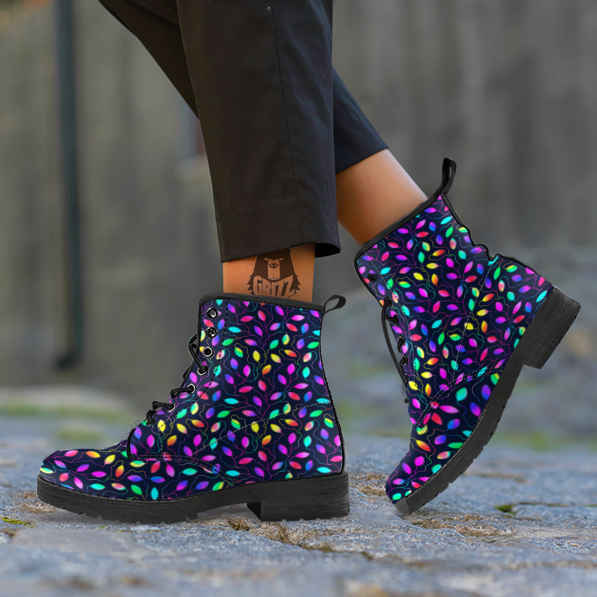 Neon Leaf Print Pattern Leather Boots-grizzshop