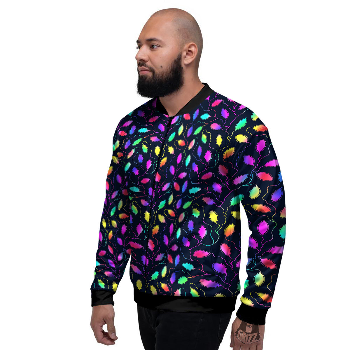 Neon Leaf Print Pattern Men's Bomber Jacket-grizzshop