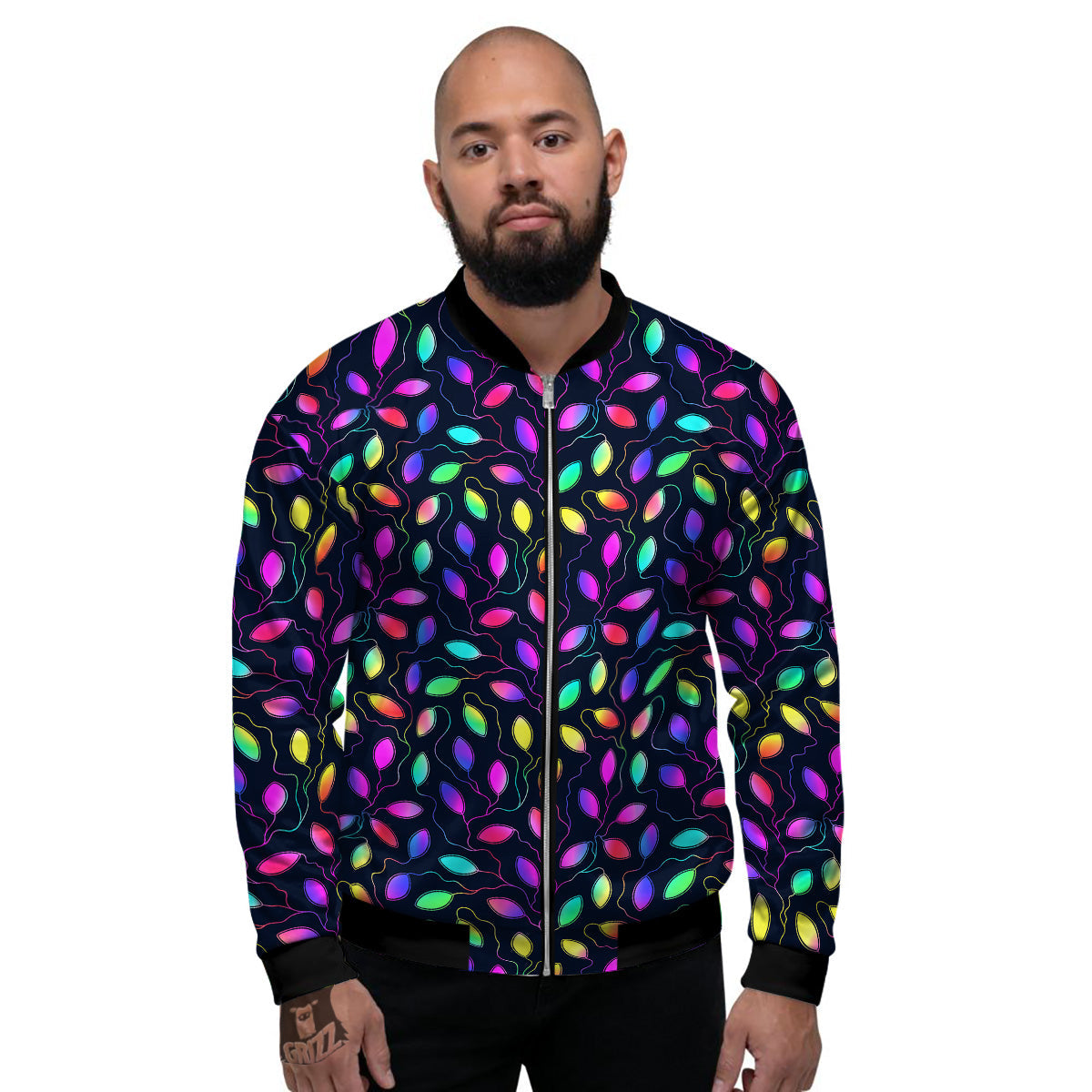 Neon Leaf Print Pattern Men's Bomber Jacket-grizzshop