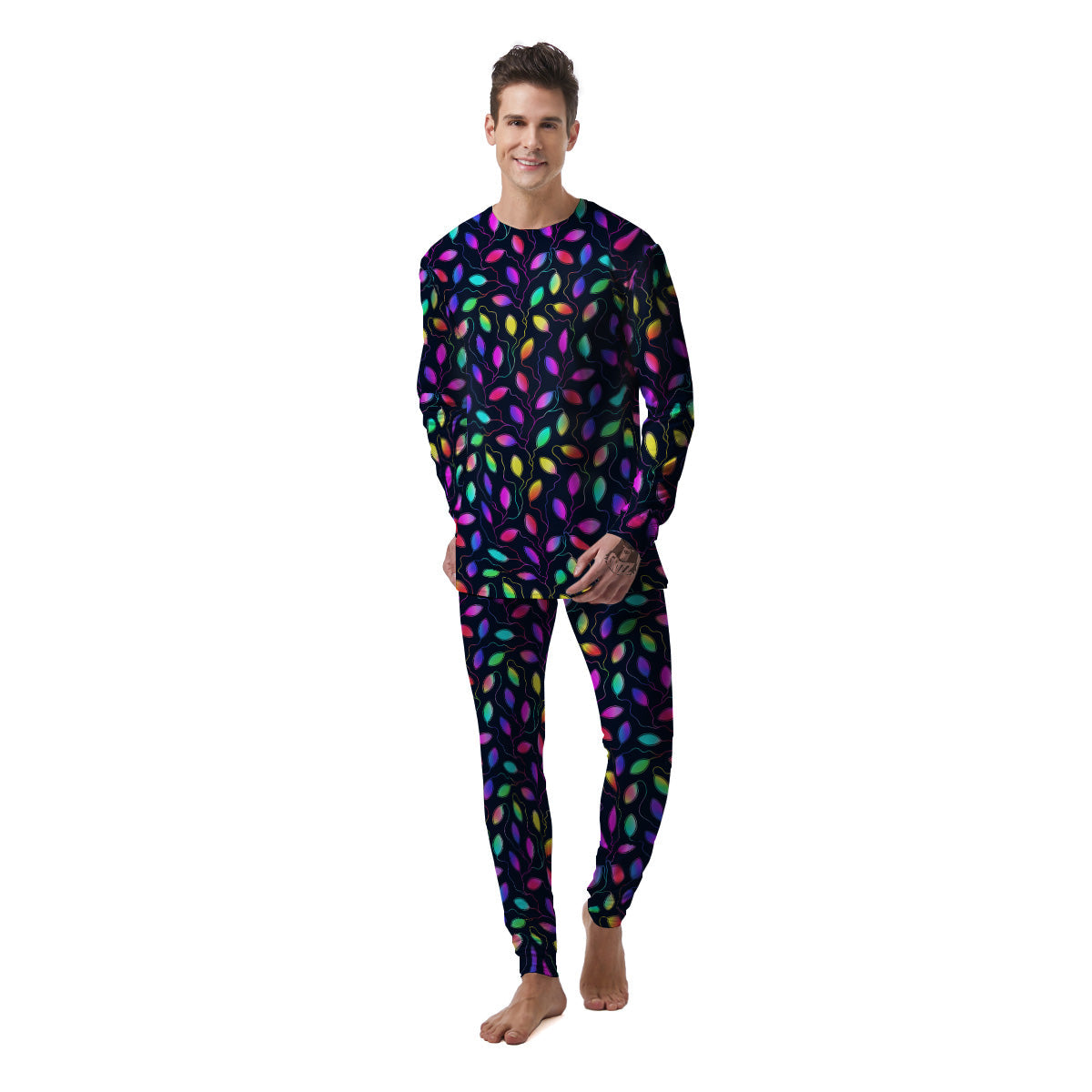 Neon Leaf Print Pattern Men's Pajamas-grizzshop