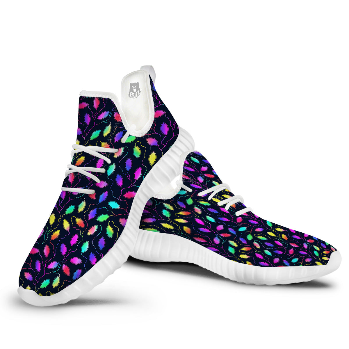 Neon Leaf Print Pattern White Walking Shoes-grizzshop