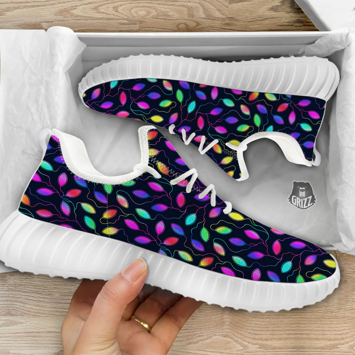 Neon Leaf Print Pattern White Walking Shoes-grizzshop