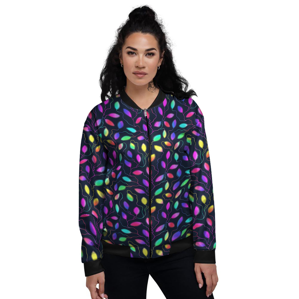 Neon Leaf Print Pattern Women's Bomber Jacket-grizzshop