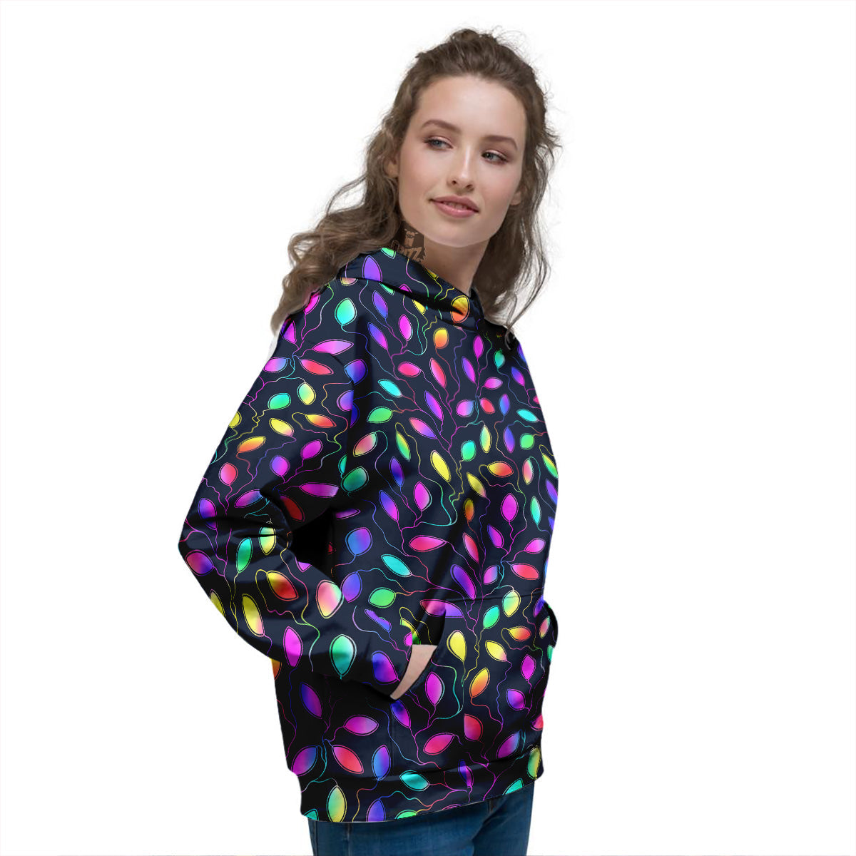 Neon Leaf Print Pattern Women's Hoodie-grizzshop