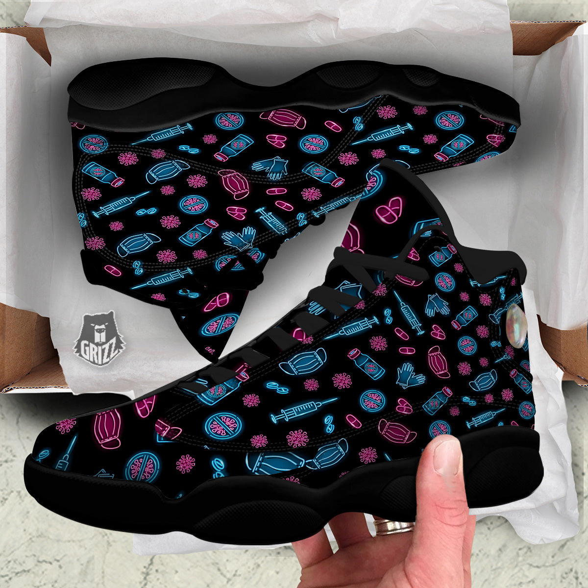 Neon Medical Equipment Print Pattern Black Basketball Shoes-grizzshop