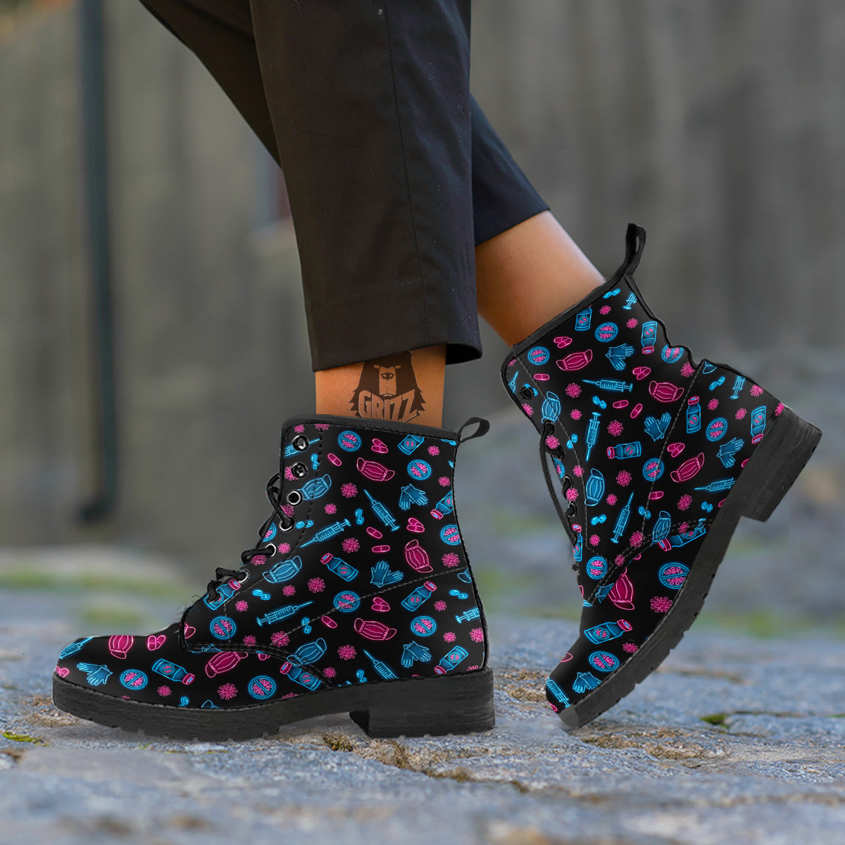 Neon Medical Equipment Print Pattern Leather Boots-grizzshop