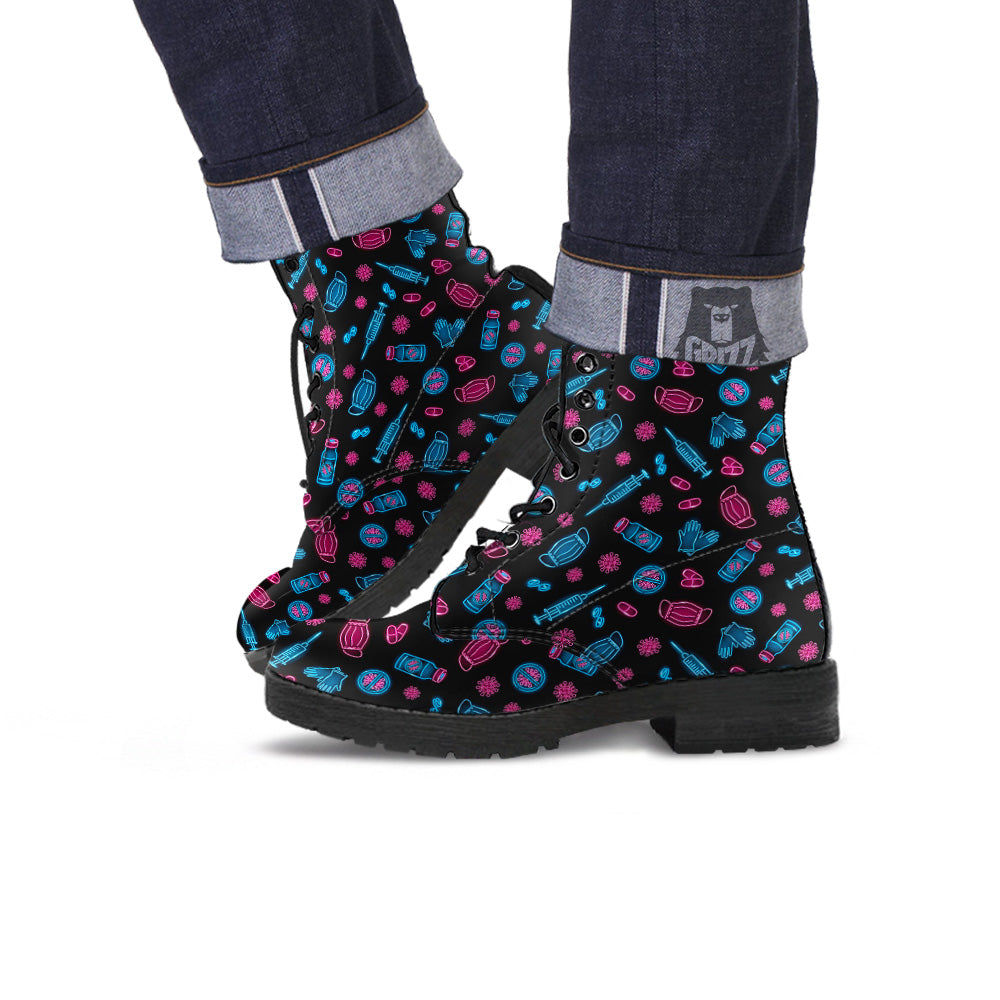 Neon Medical Equipment Print Pattern Leather Boots-grizzshop