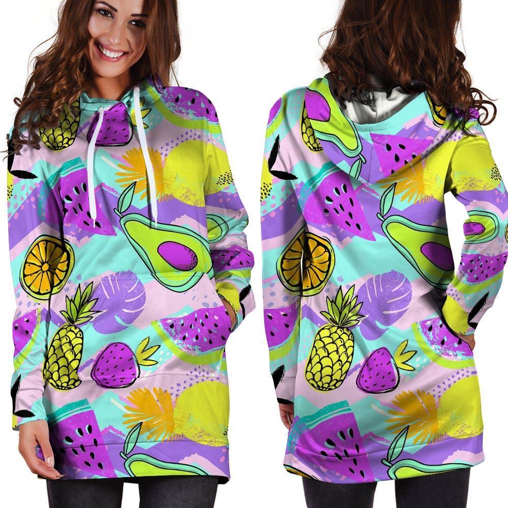 Neon Mix Fruit Pineapple Hawaiian Print Hoodie Dress-grizzshop