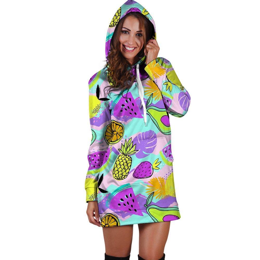 Neon Mix Fruit Pineapple Hawaiian Print Hoodie Dress-grizzshop