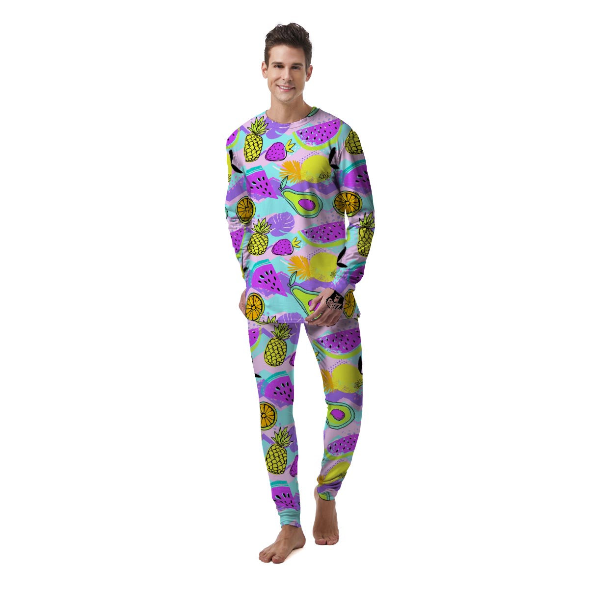 Neon Mix Fruit Pineapple Hawaiian Print Men's Pajamas-grizzshop