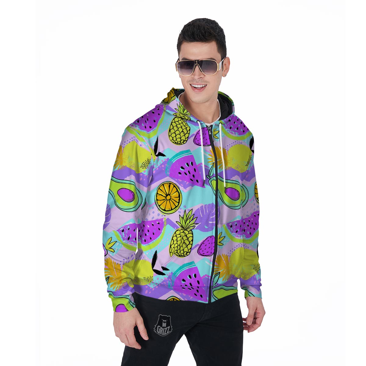 Neon Mix Fruit Pineapple Hawaiian Print Men's Zip Up Hoodie-grizzshop