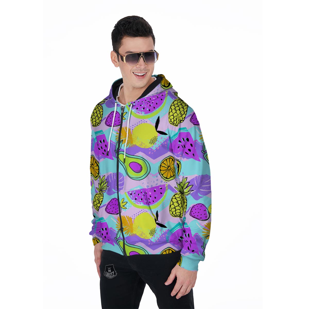 Neon Mix Fruit Pineapple Hawaiian Print Men's Zip Up Hoodie-grizzshop