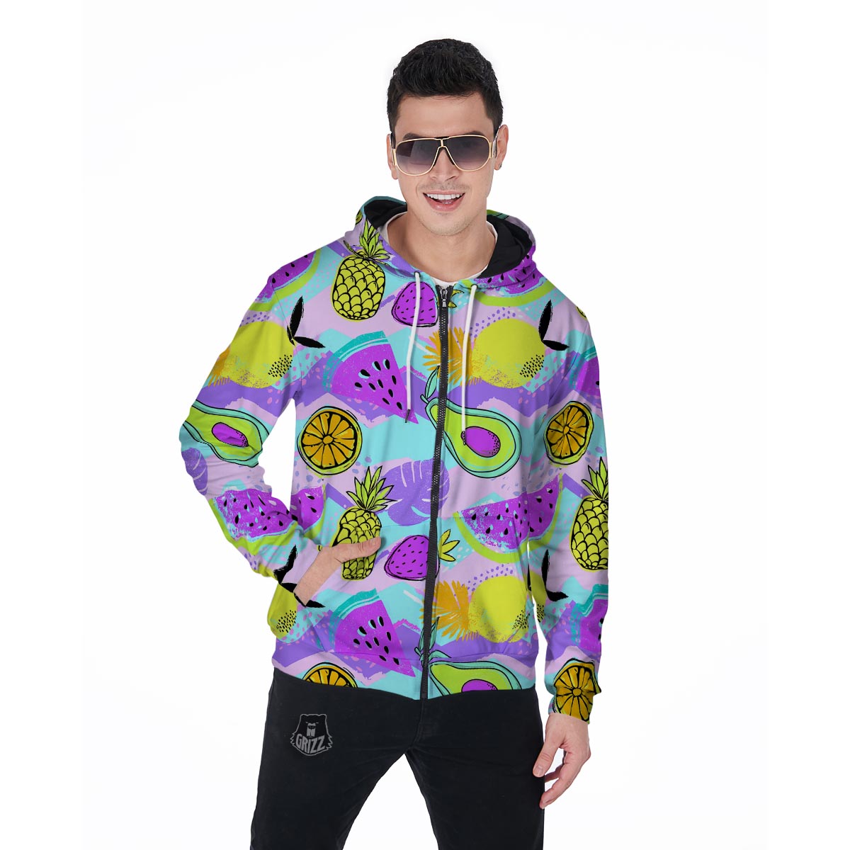 Neon Mix Fruit Pineapple Hawaiian Print Men's Zip Up Hoodie-grizzshop