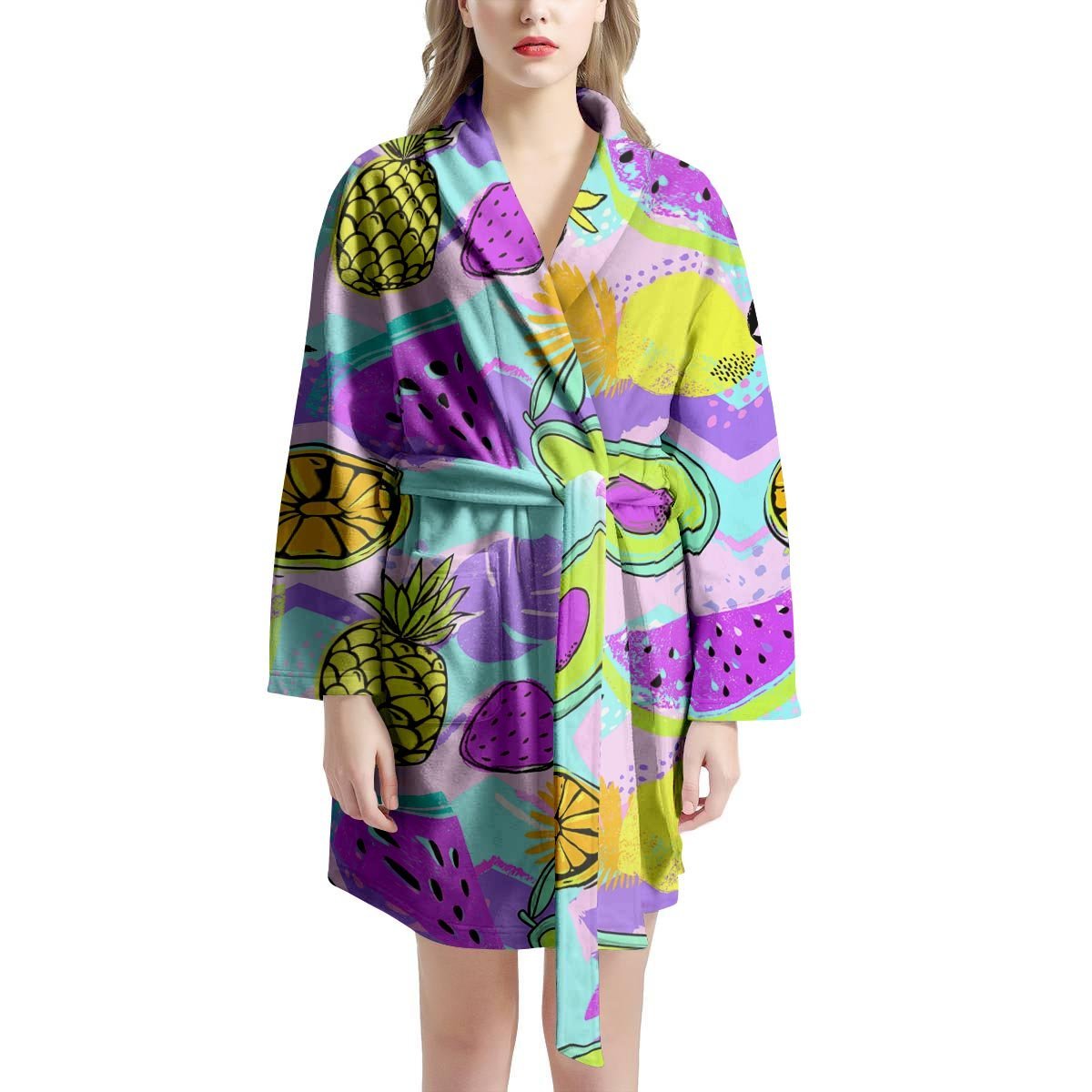 Neon Mix Fruit Pineapple Hawaiian Print Women's Robe-grizzshop