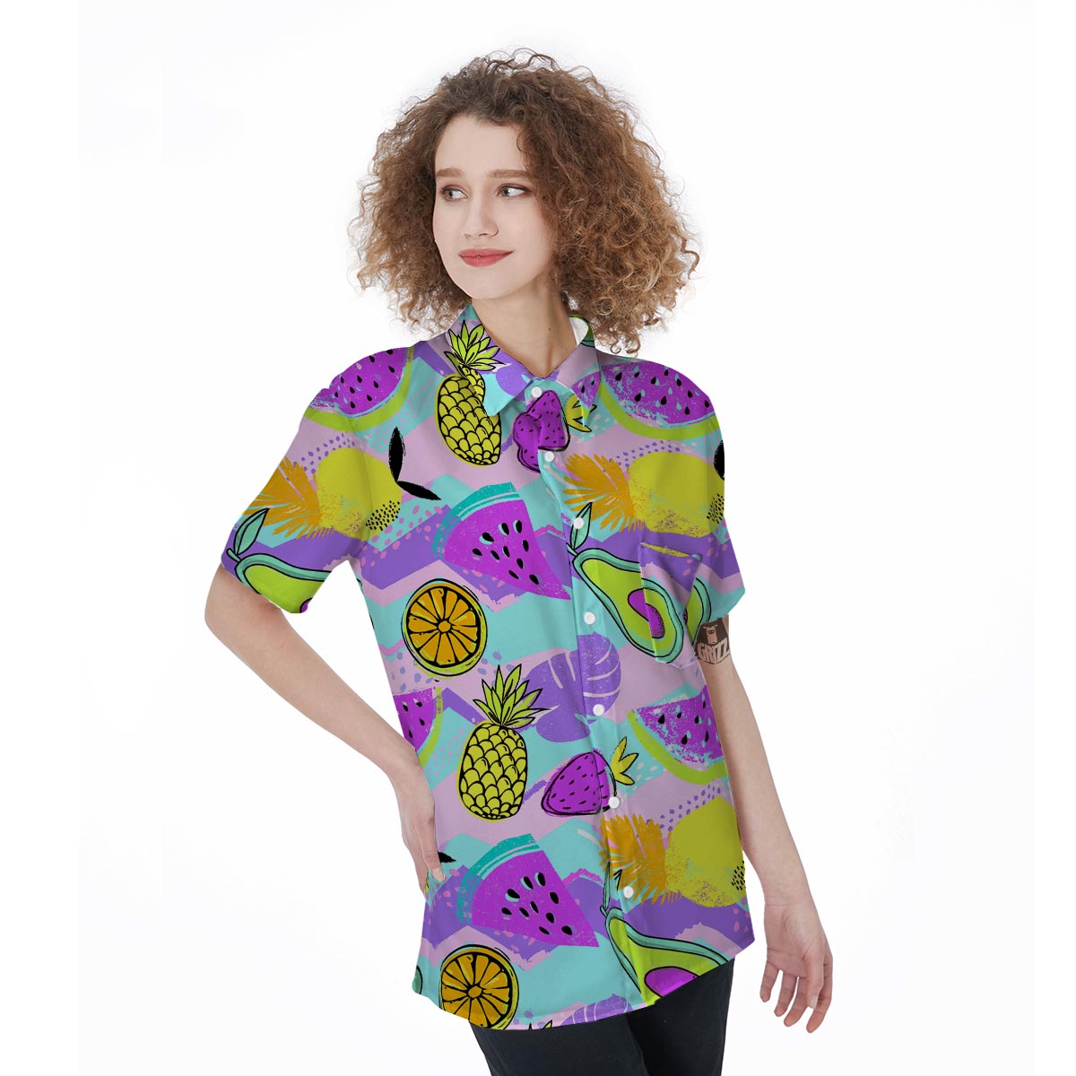 Neon Mix Fruit Pineapple Hawaiian Print Women's Short Sleeve Shirts-grizzshop