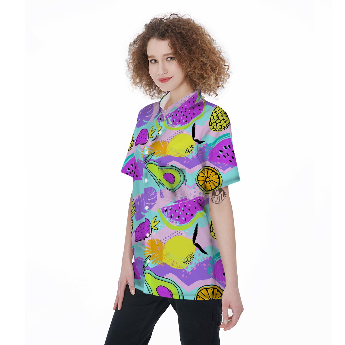 Neon Mix Fruit Pineapple Hawaiian Print Women's Short Sleeve Shirts-grizzshop