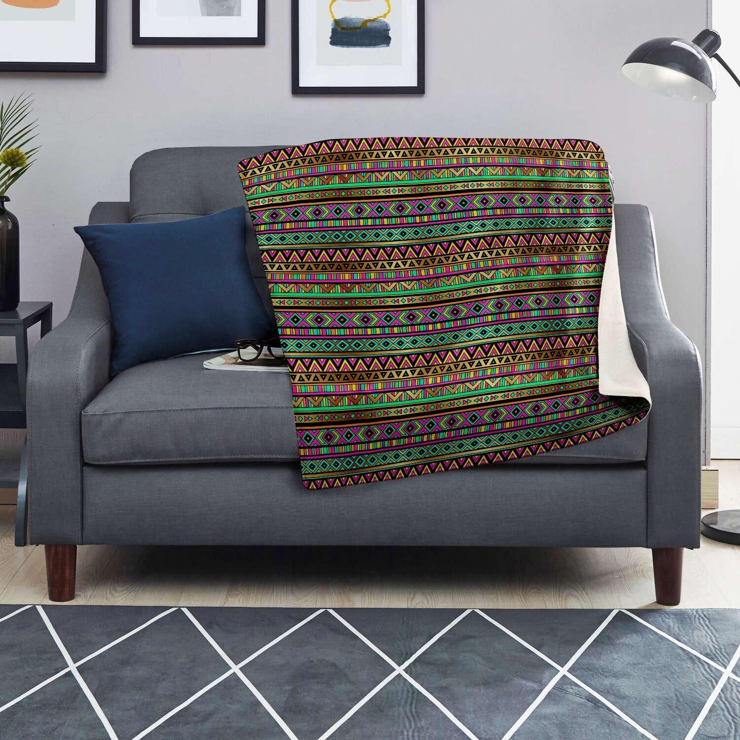 Neon Multicolor Ethic Aztec Aztec Grunge Geometric Print Blanket-grizzshop