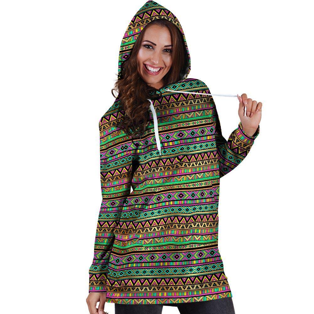 Neon Multicolor Ethic Aztec Aztec Grunge Geometric Print Hoodie Dress-grizzshop