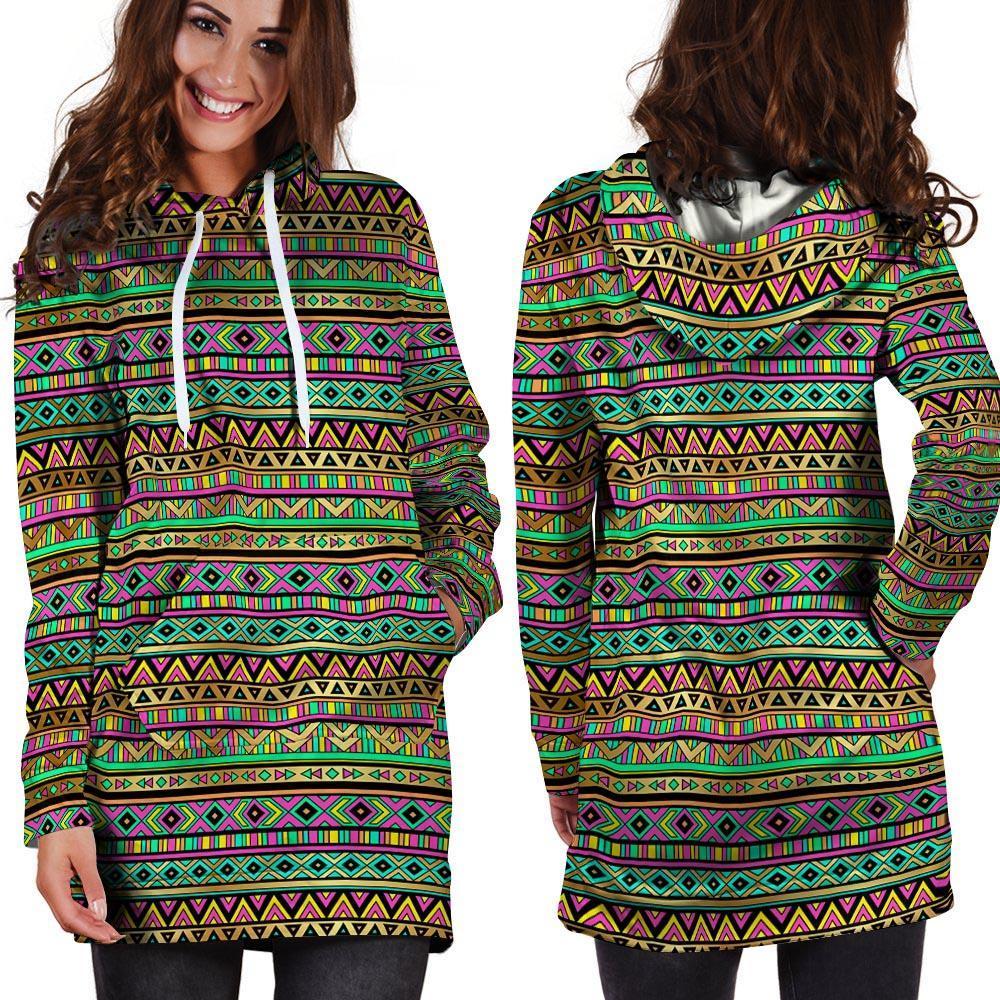 Neon Multicolor Ethic Aztec Aztec Grunge Geometric Print Hoodie Dress-grizzshop