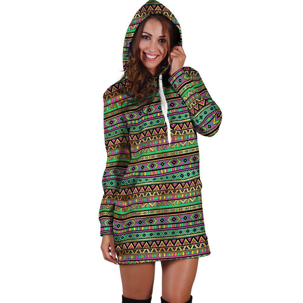 Neon Multicolor Ethic Aztec Aztec Grunge Geometric Print Hoodie Dress-grizzshop