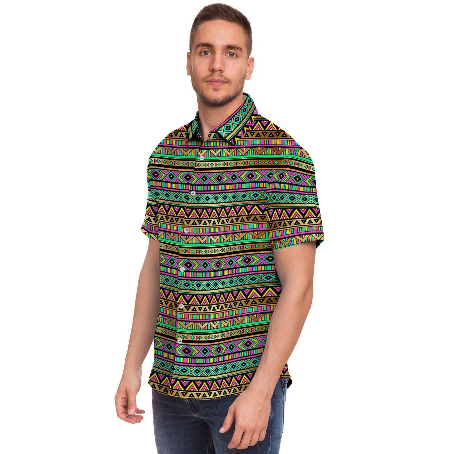Neon Multicolor Ethic Aztec Aztec Grunge Geometric Print Men's Short Sleeve Shirt-grizzshop
