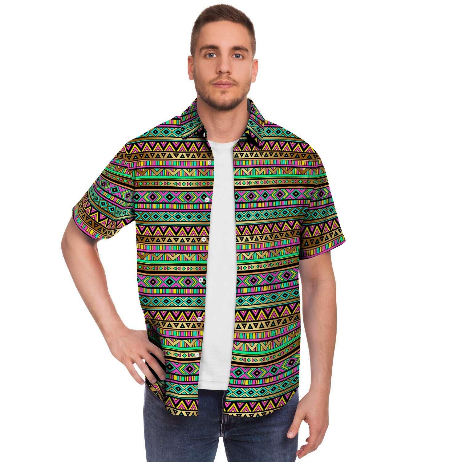 Neon Multicolor Ethic Aztec Aztec Grunge Geometric Print Men's Short Sleeve Shirt-grizzshop