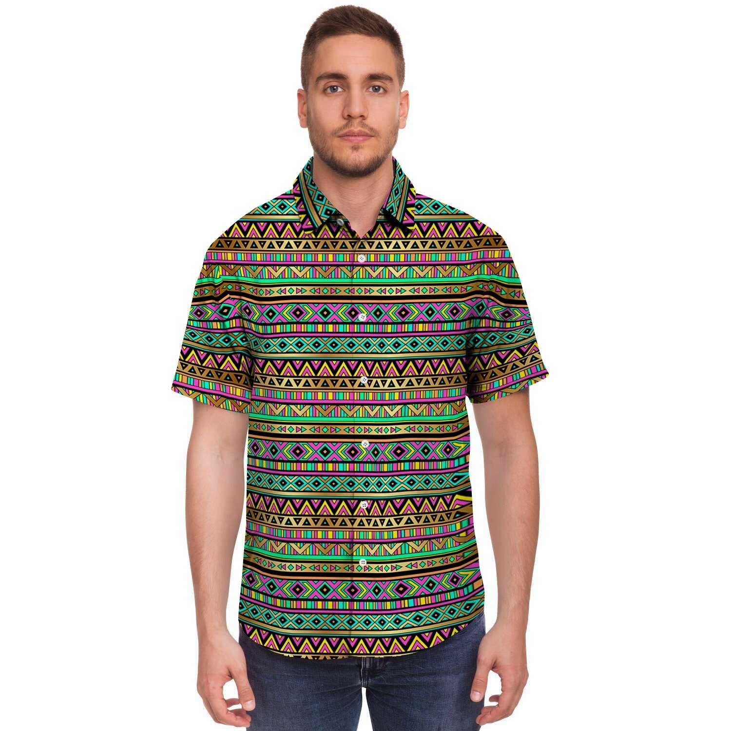 Neon Multicolor Ethic Aztec Aztec Grunge Geometric Print Men's Short Sleeve Shirt-grizzshop