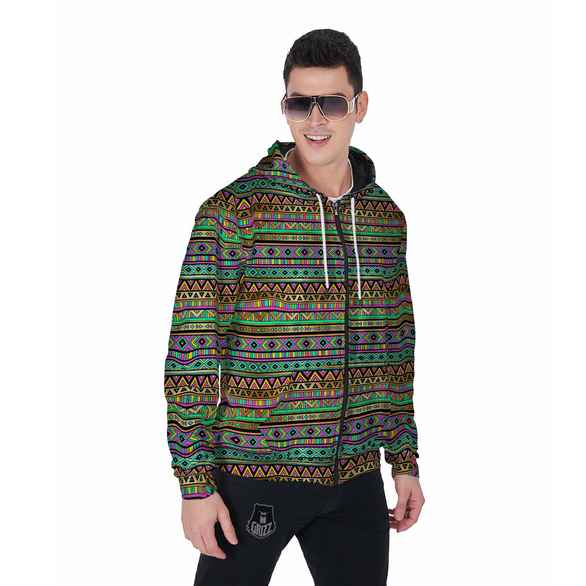 Neon Multicolor Ethic Aztec Aztec Grunge Geometric Print Men's Zip Up Hoodie-grizzshop
