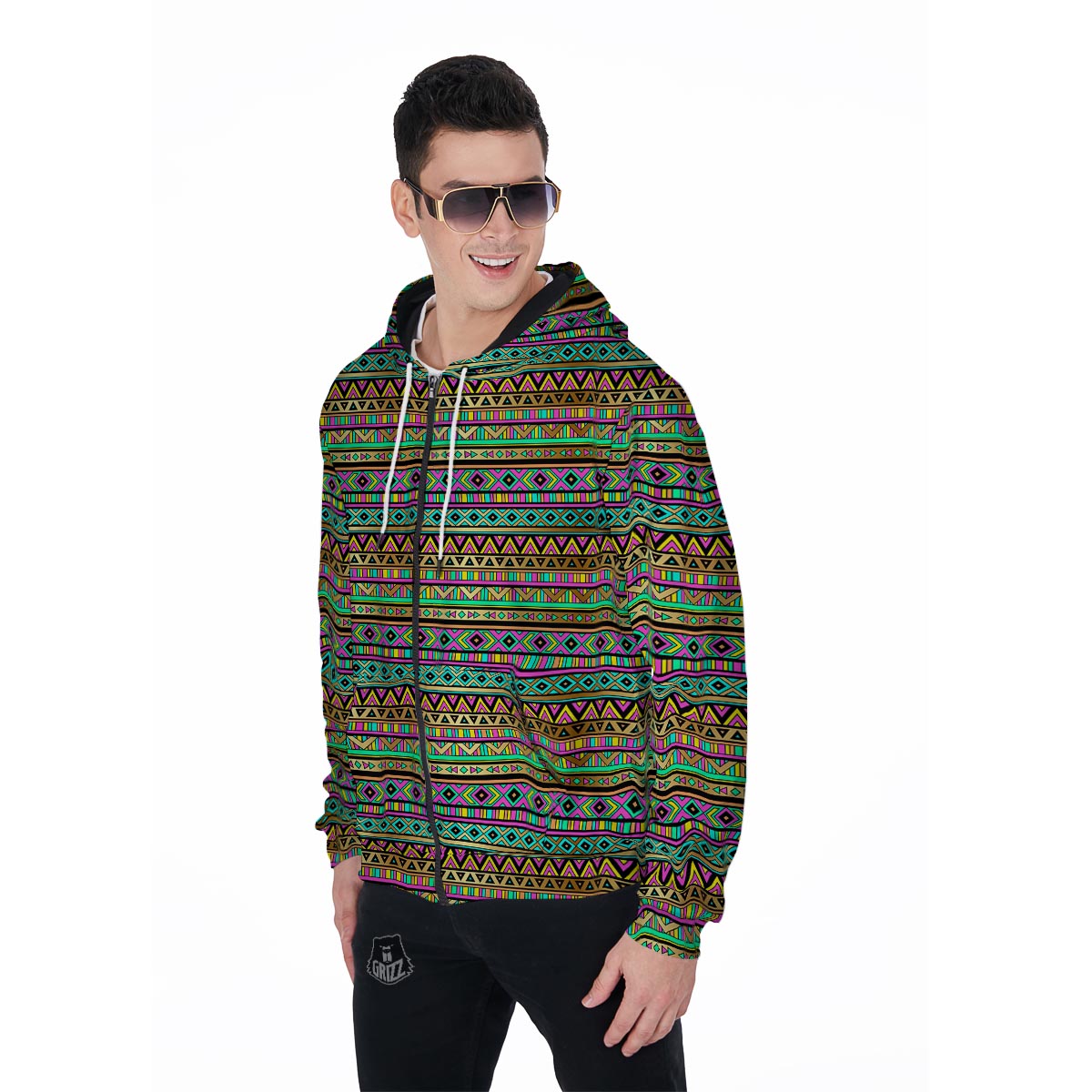 Neon Multicolor Ethic Aztec Aztec Grunge Geometric Print Men's Zip Up Hoodie-grizzshop