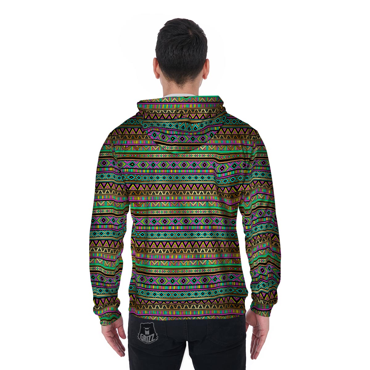 Neon Multicolor Ethic Aztec Aztec Grunge Geometric Print Men's Zip Up Hoodie-grizzshop