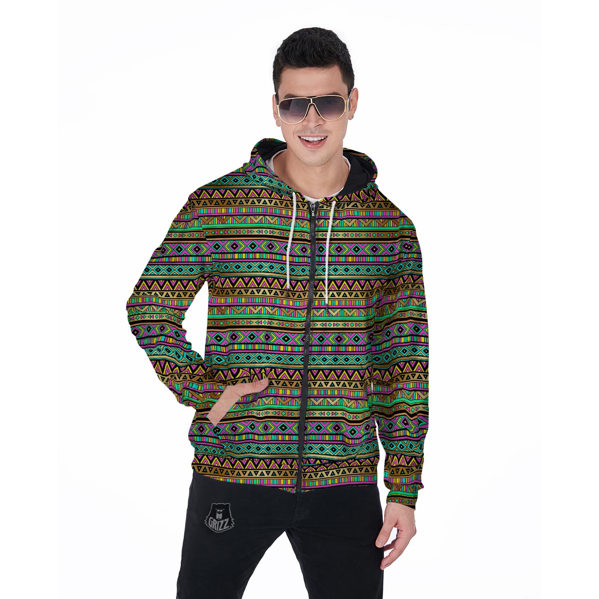 Neon Multicolor Ethic Aztec Aztec Grunge Geometric Print Men's Zip Up Hoodie-grizzshop