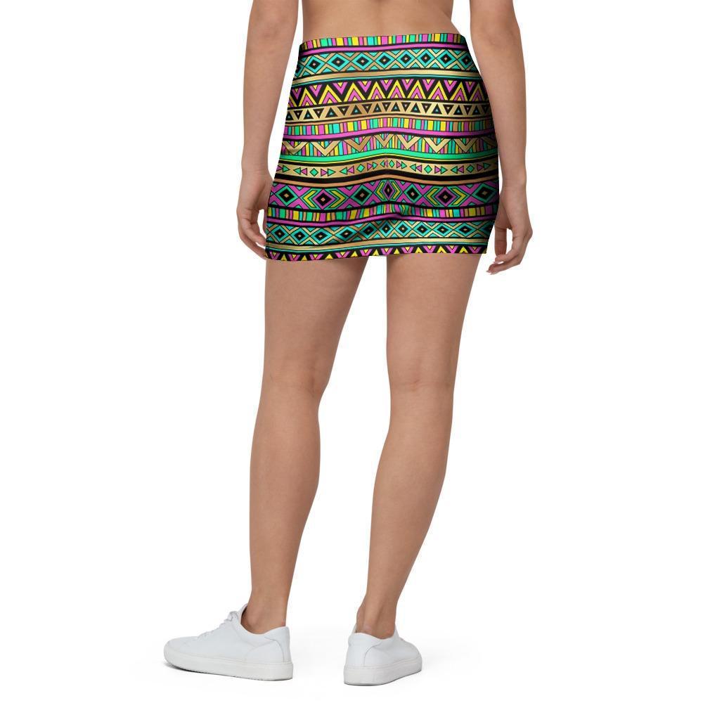 Neon Multicolor Ethic Aztec Aztec Grunge Geometric Print Mini Skirt-grizzshop