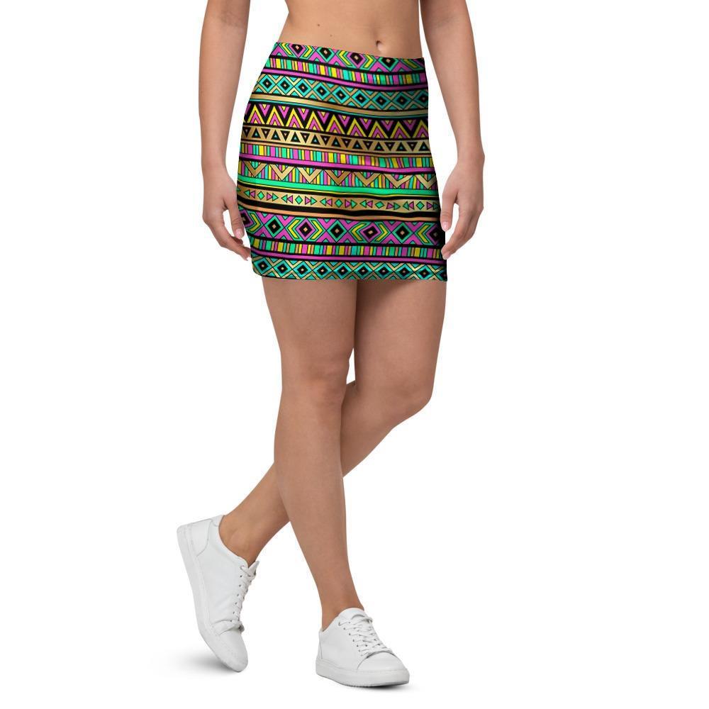Neon Multicolor Ethic Aztec Aztec Grunge Geometric Print Mini Skirt-grizzshop