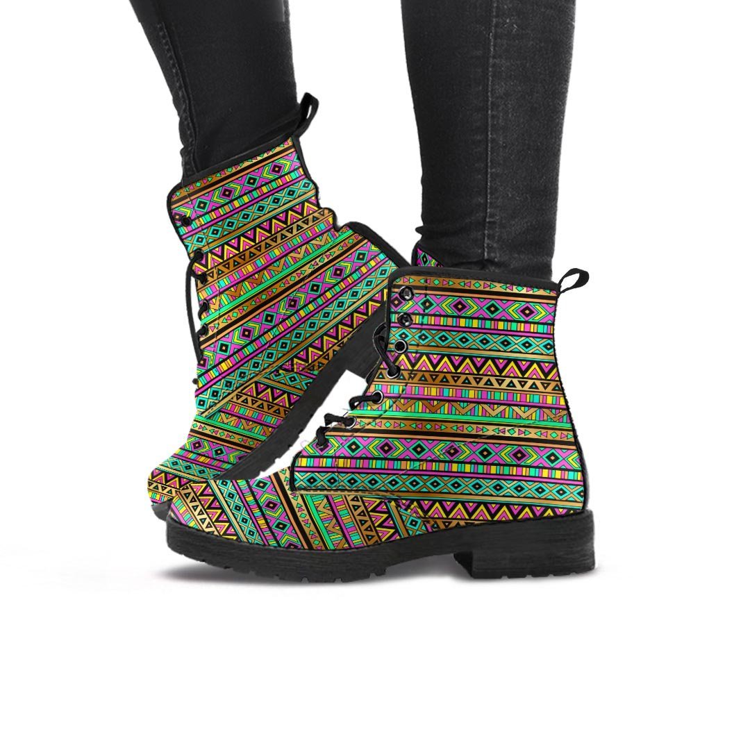 Neon Multicolor Ethic Aztec Aztec Grunge Geometric Print Women's Boots-grizzshop