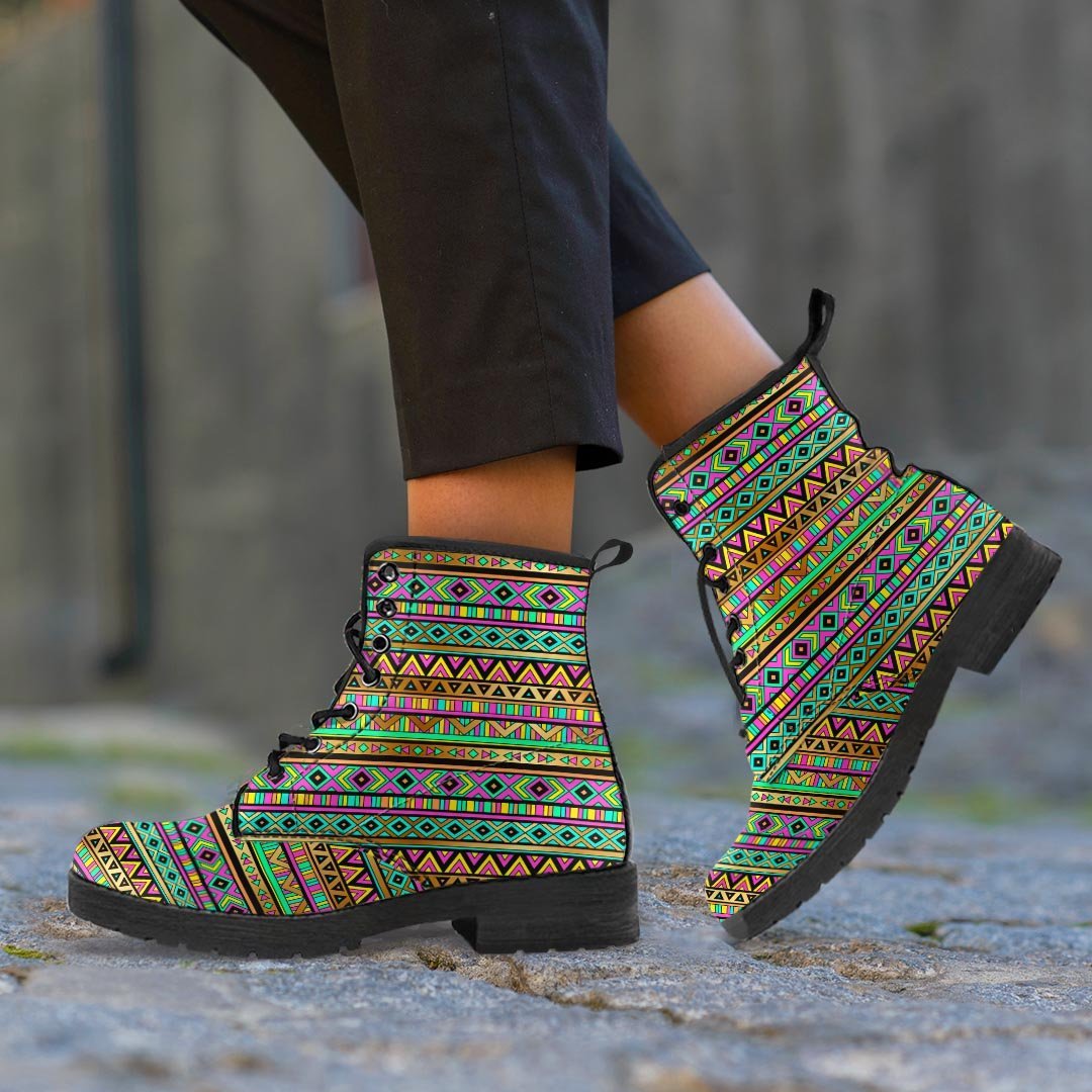 Neon Multicolor Ethic Aztec Aztec Grunge Geometric Print Women's Boots-grizzshop