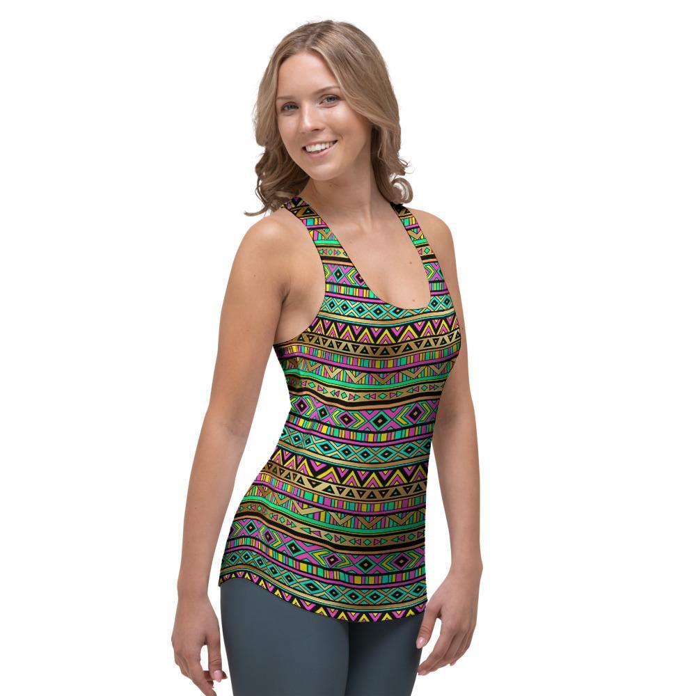 Neon Multicolor Ethic Aztec Aztec Grunge Geometric Print Women's Racerback Tank Top-grizzshop