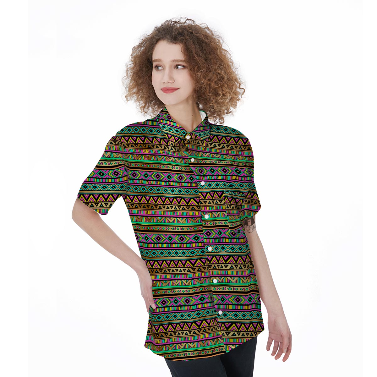 Neon Multicolor Ethic Aztec Aztec Grunge Geometric Print Women's Short Sleeve Shirts-grizzshop
