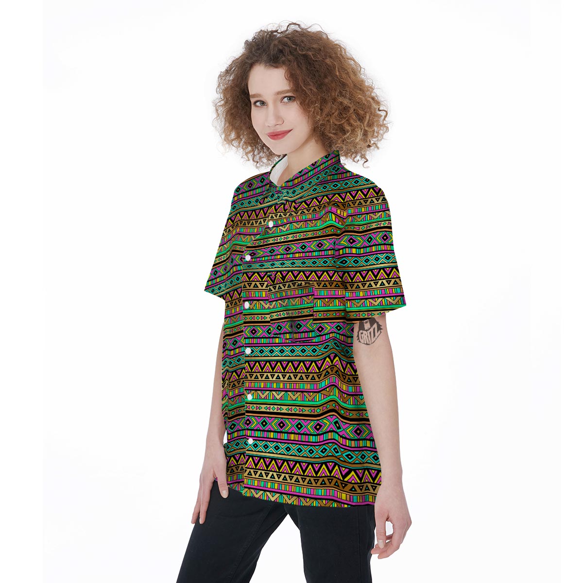 Neon Multicolor Ethic Aztec Aztec Grunge Geometric Print Women's Short Sleeve Shirts-grizzshop
