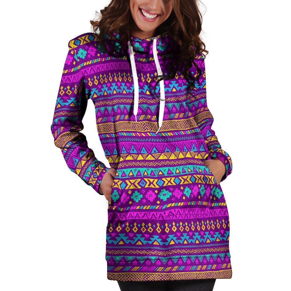 Neon Multicolor Ethic Aztec Doodle Print Hoodie Dress-grizzshop