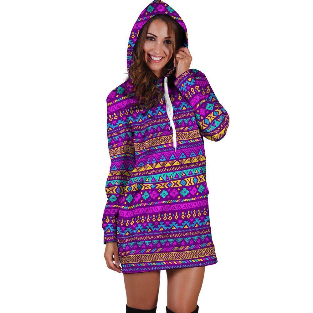 Neon Multicolor Ethic Aztec Doodle Print Hoodie Dress-grizzshop