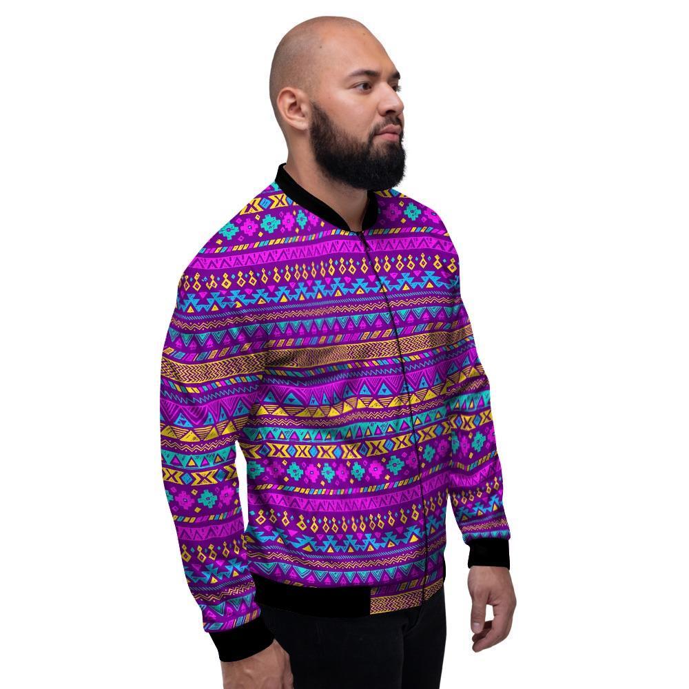 Neon Multicolor Ethic Aztec Doodle Print Men's Bomber Jacket-grizzshop