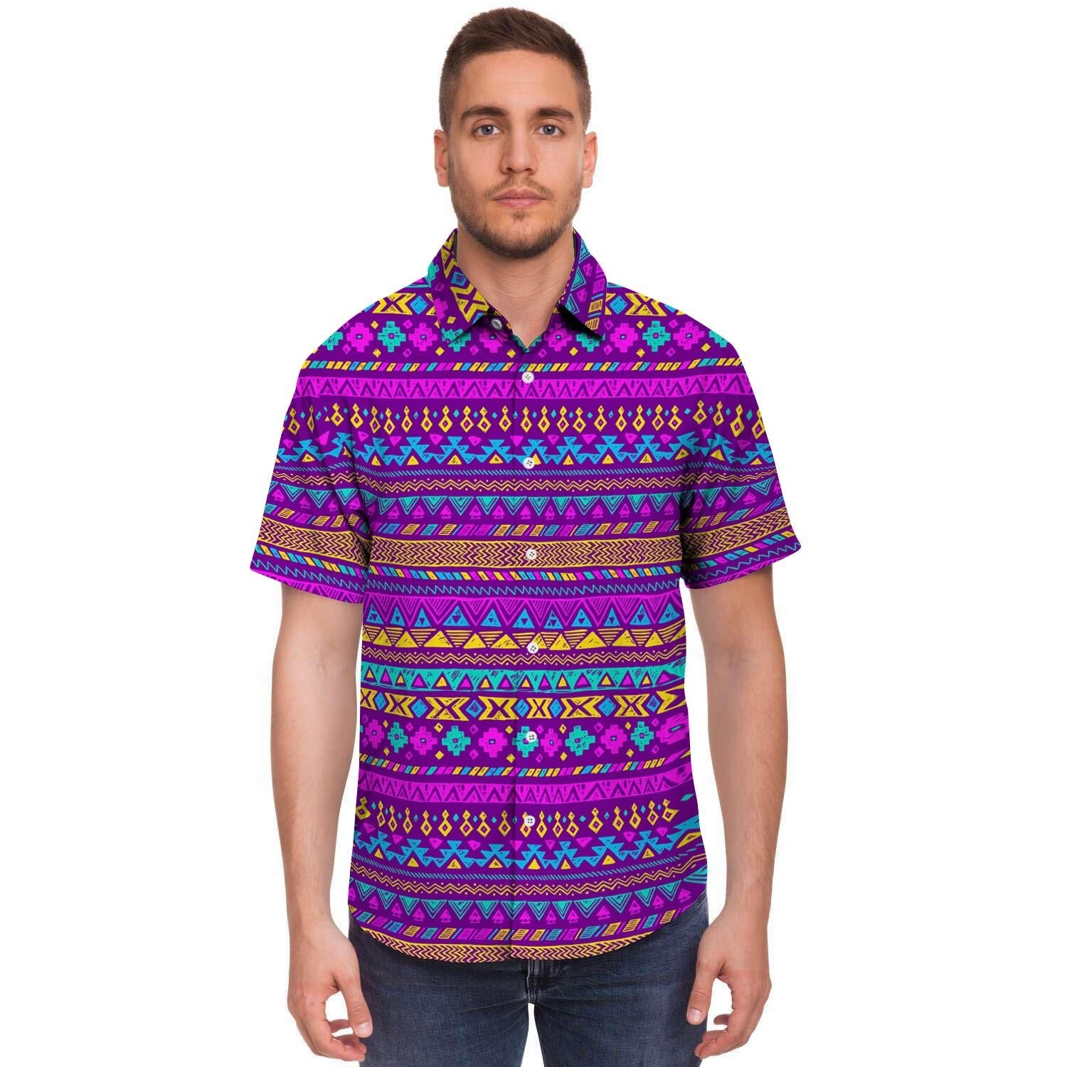 Neon Multicolor Ethic Aztec Doodle Print Men's Short Sleeve Shirt-grizzshop