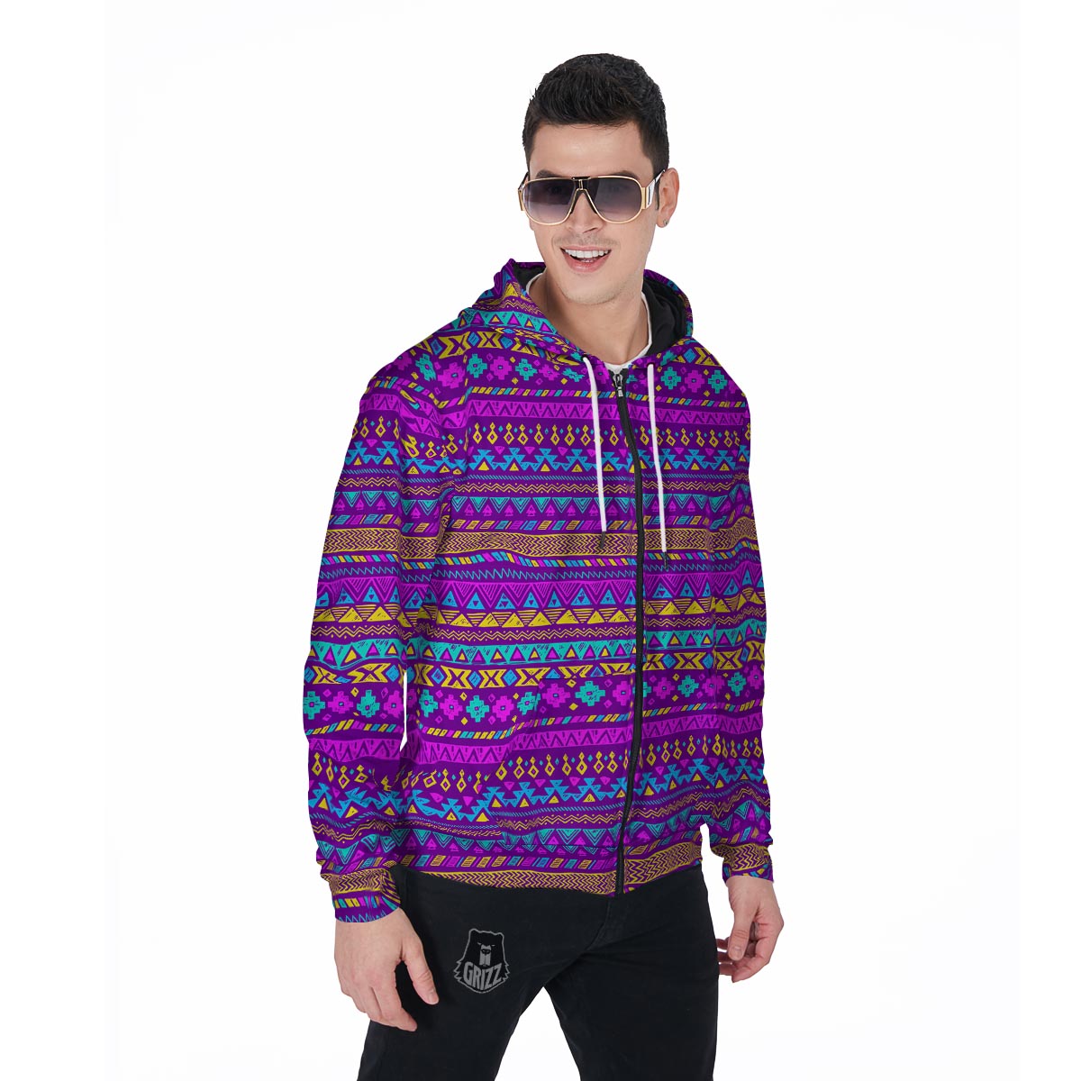 Neon Multicolor Ethic Aztec Doodle Print Men's Zip Up Hoodie-grizzshop