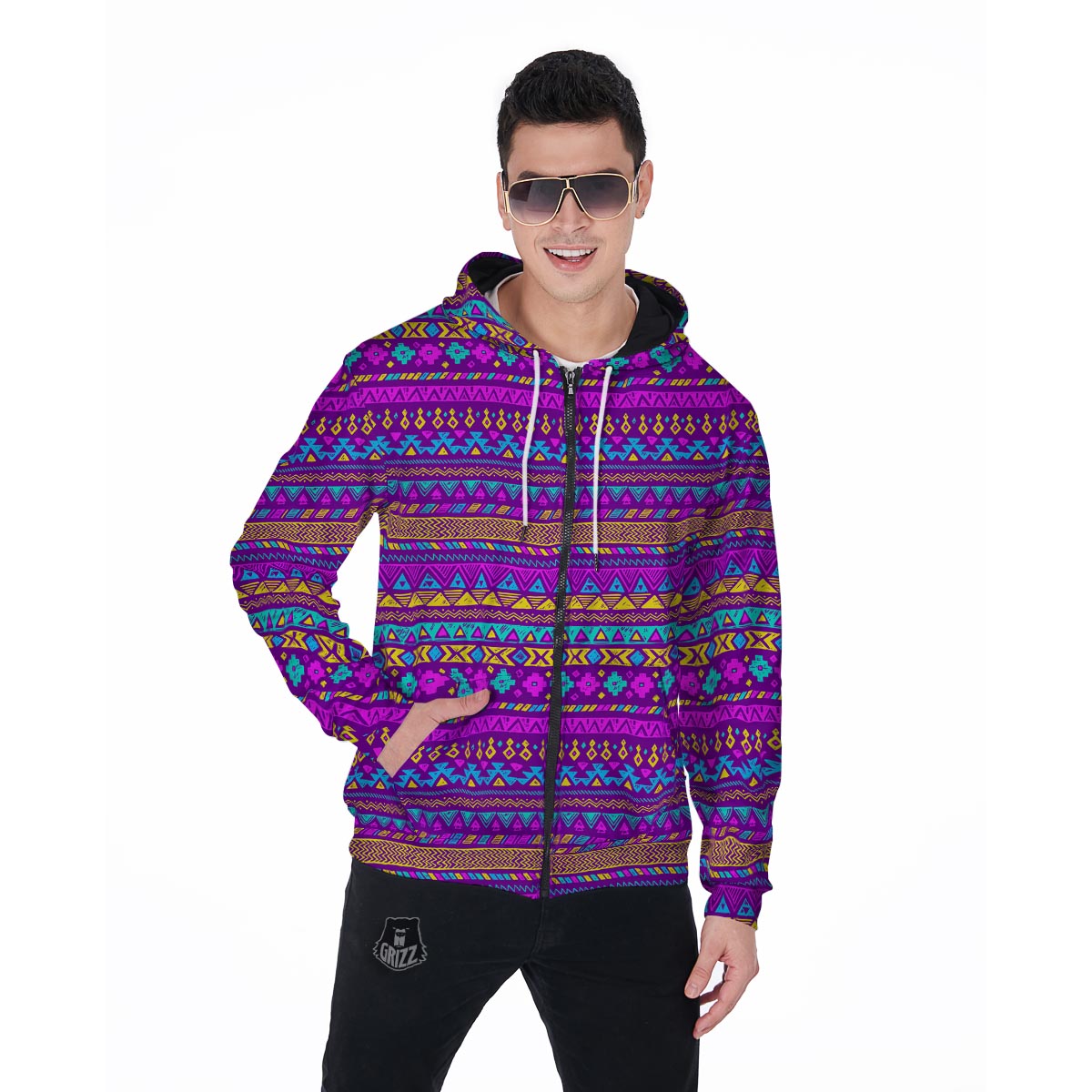 Neon Multicolor Ethic Aztec Doodle Print Men's Zip Up Hoodie-grizzshop
