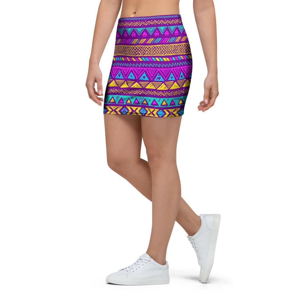 Neon Multicolor Ethic Aztec Doodle Print Mini Skirt-grizzshop