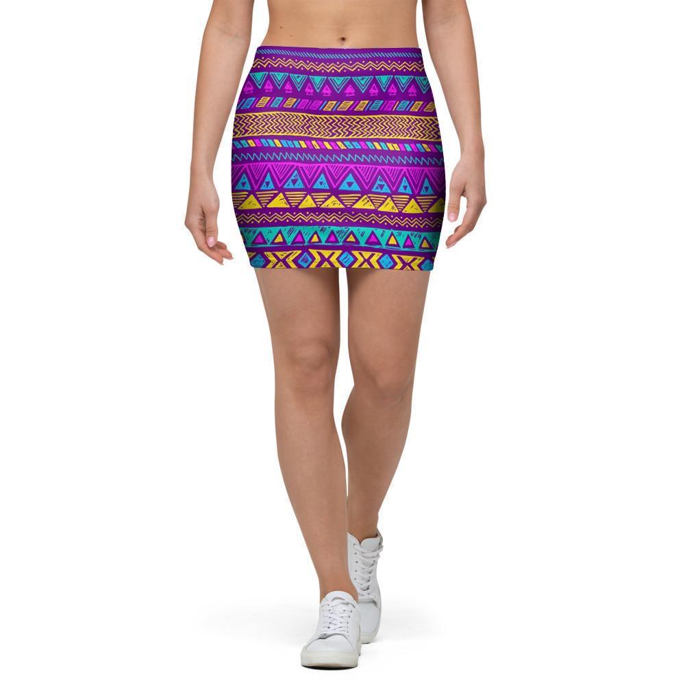 Neon Multicolor Ethic Aztec Doodle Print Mini Skirt-grizzshop