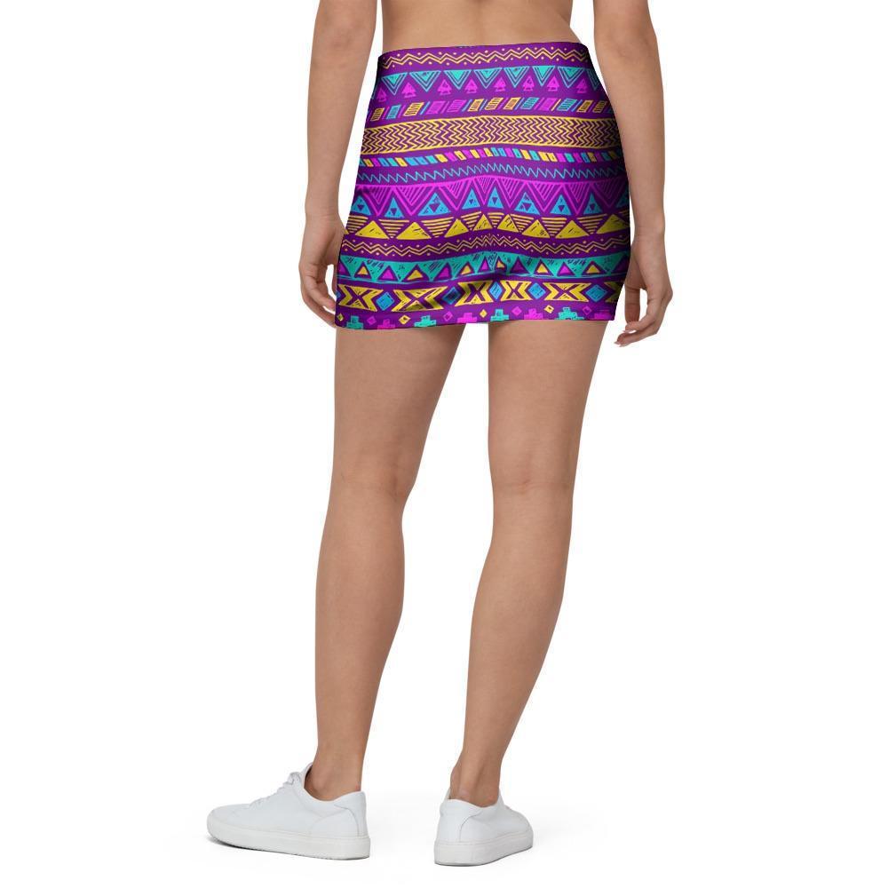 Neon Multicolor Ethic Aztec Doodle Print Mini Skirt-grizzshop