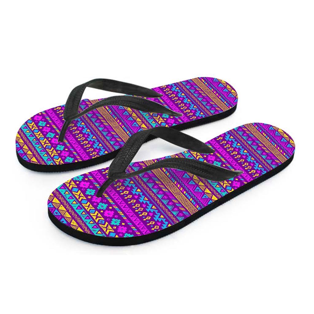 Neon Multicolor Ethic Aztec Doodle Print Women's Flip Flops-grizzshop