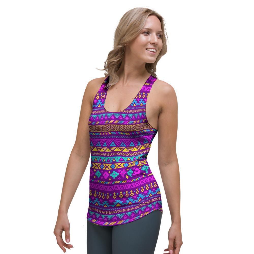 Neon Multicolor Ethic Aztec Doodle Print Women's Racerback Tank Top-grizzshop